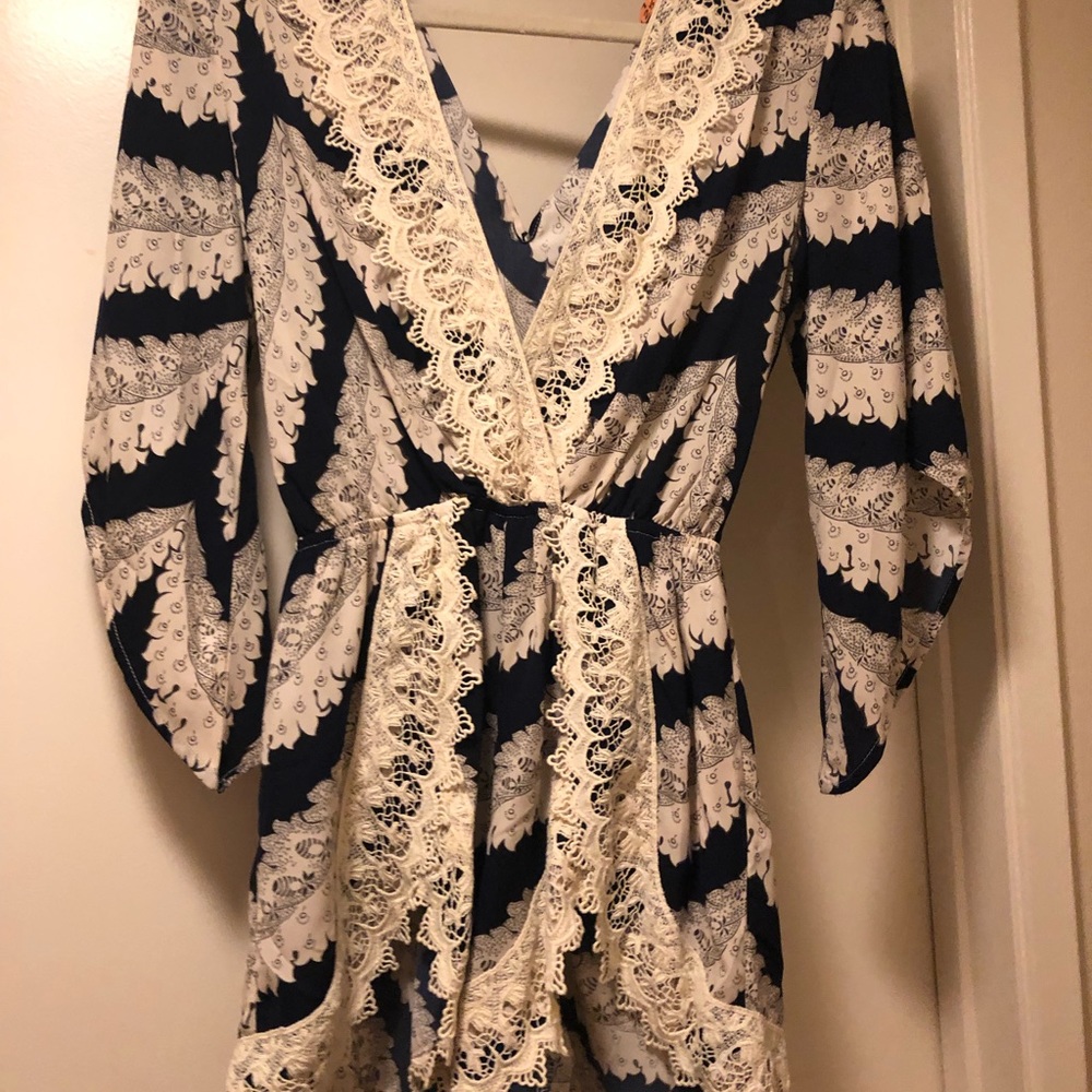 Navy blue and white lace detail romper